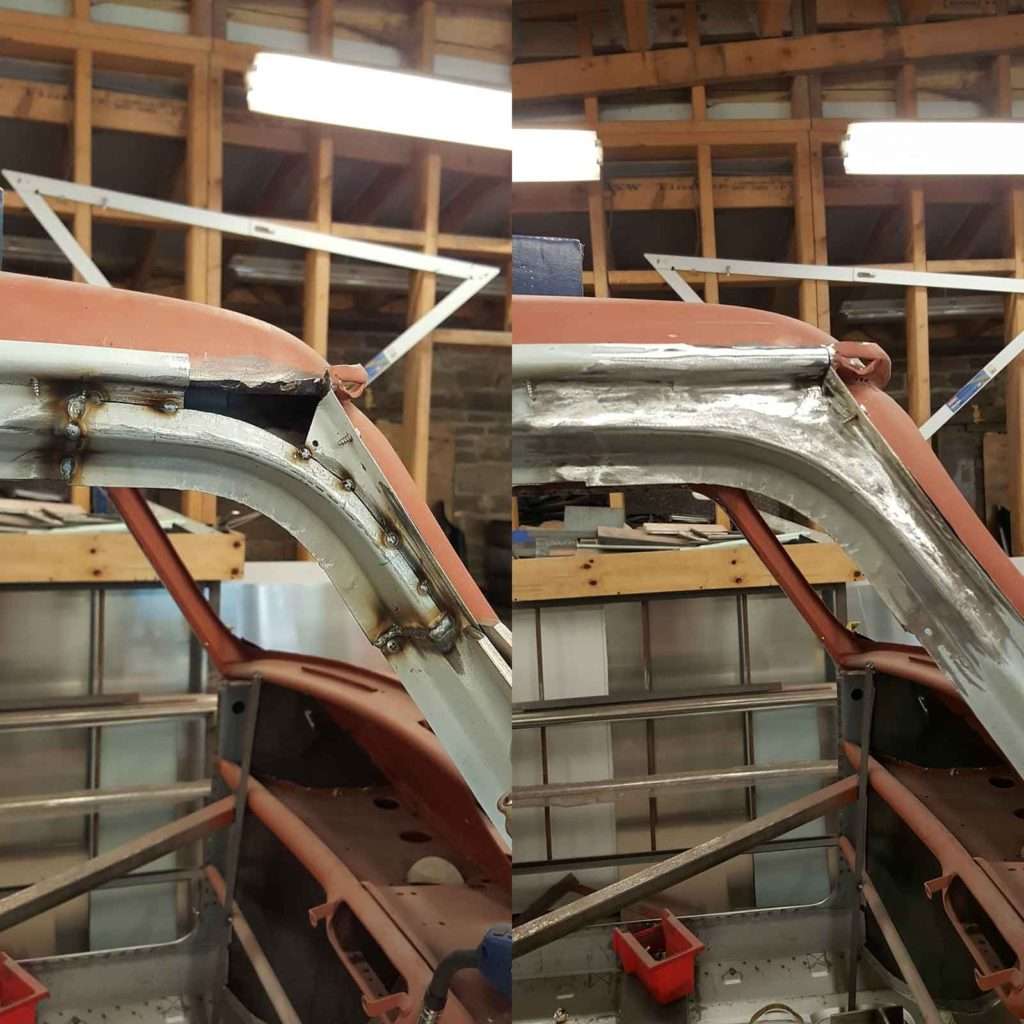 Witness the meticulous process behind aligning the top of the door frame on the A-pillar just right in the restoration of the 1969 Mini Cooper 998 MkII, owned by Paul Davenport of Plastics4Performance. Every step is guided by precision and attention to detail.